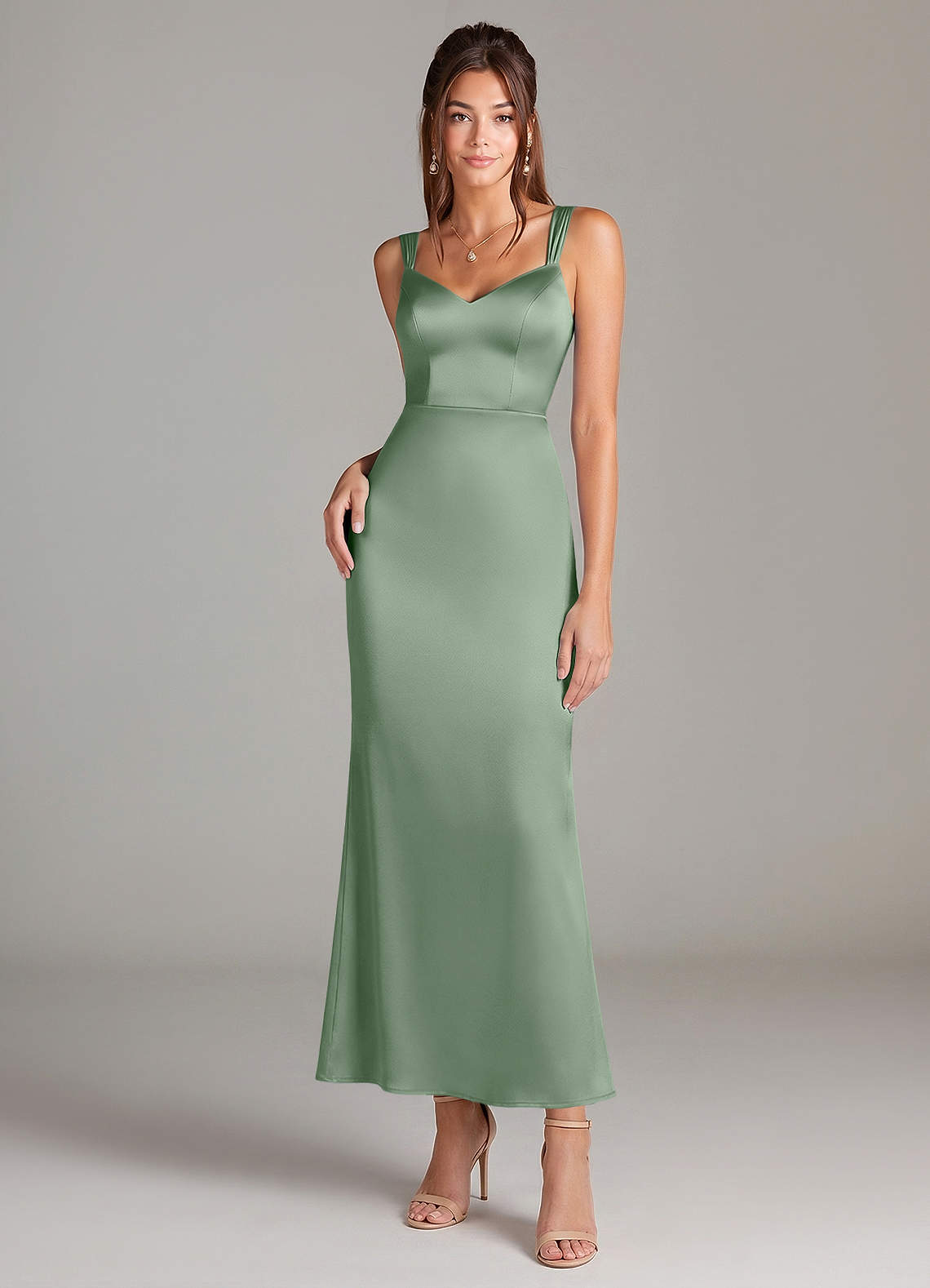 Azazie Denice Brautjungfernkleider Etui Plissee Stretch-Satin Kleid Matcha image2