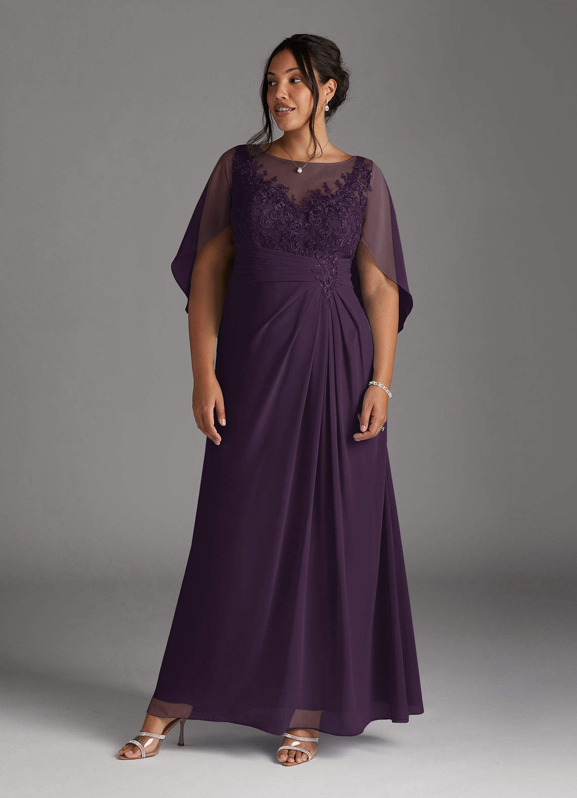 Azazie Hera Mother of the Bride Dresses Plum A-Line Lace Capelet Chiffon Dress image7