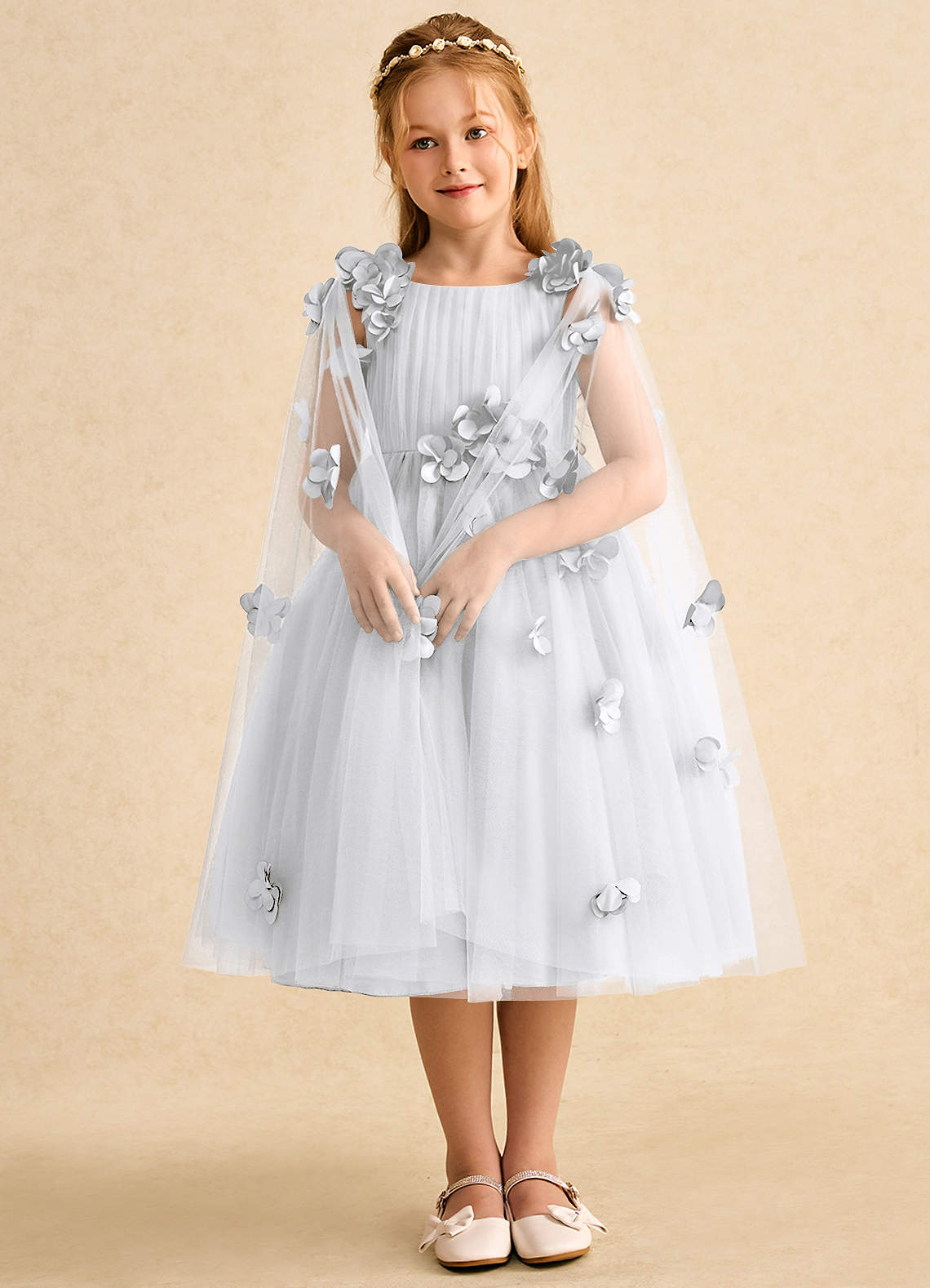 Azazie Staria Blumenmädchenkleider Ballkleid Gestreift Tüll Kleid Weiß image2