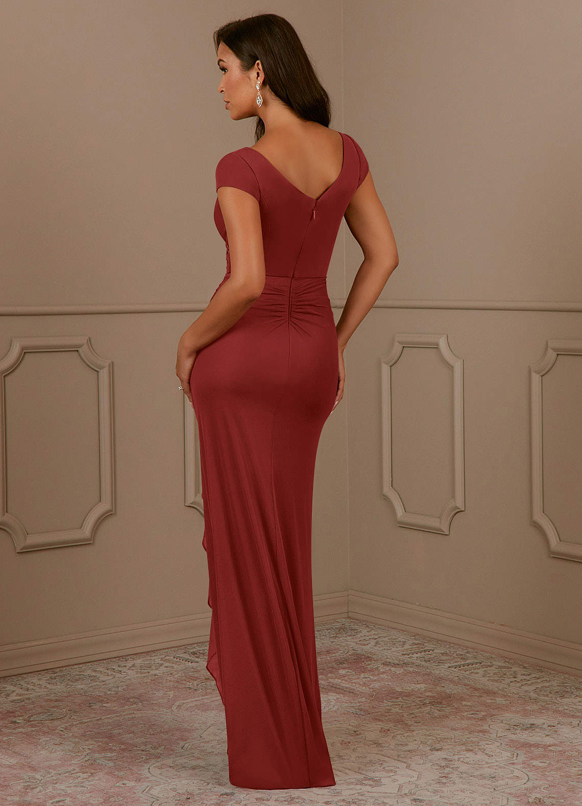Azazie Roya Rust Mermaid V-Neck Pleated Mesh Dress | Azazie