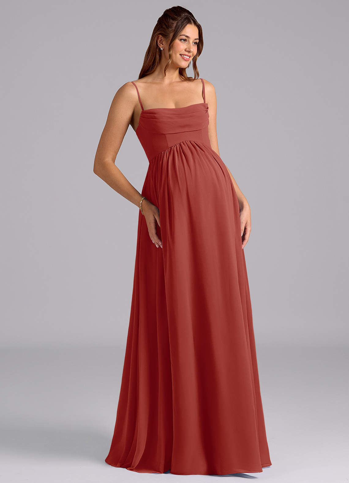 coral maternity bridesmaid dress Shellie | Coral High-Neck Maternity Midi Dress With Corsage Detail