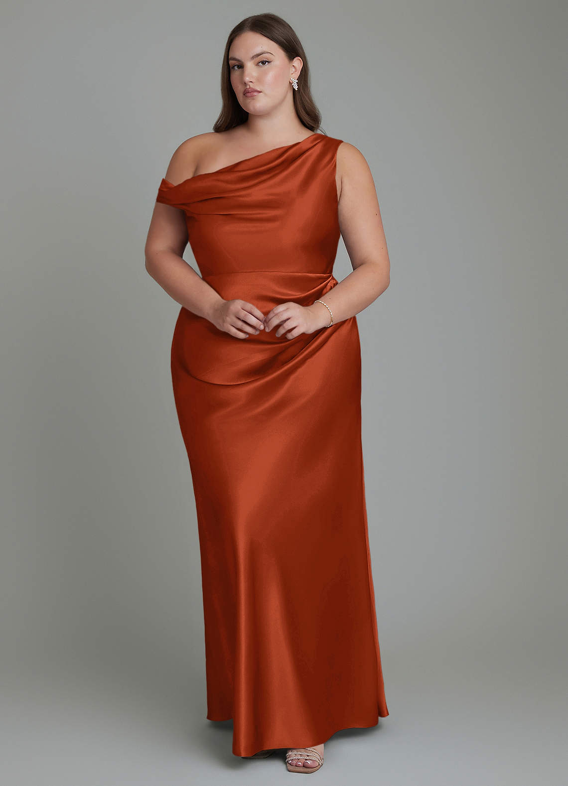 Azazie Emerson Bridesmaid Dresses Auburn Mermaid Off the Shoulder Metallic Satin Dress image1