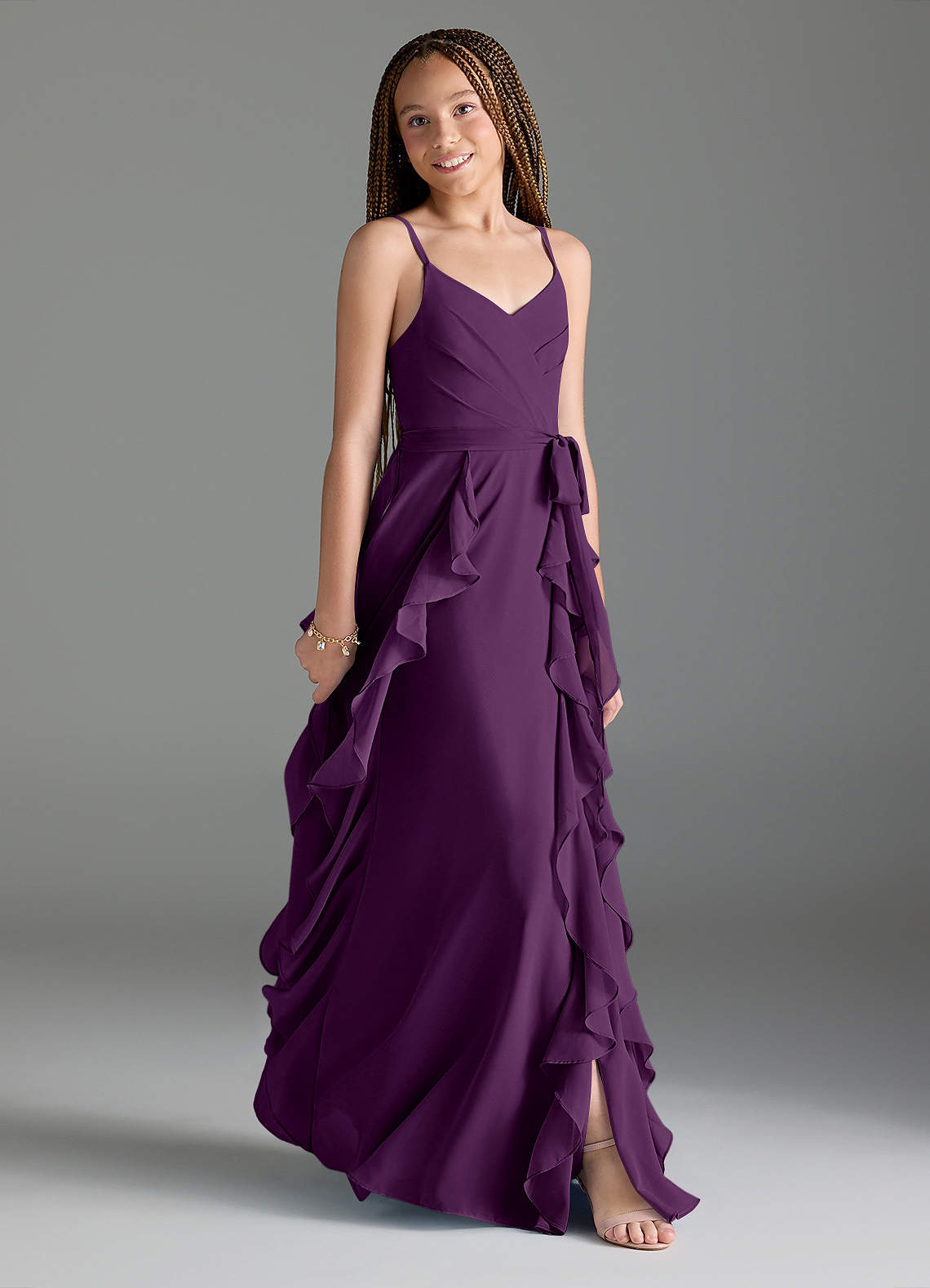 Azazie Peyton Junior Linia A Pofałdowany Szyfon Długość podłogi Młodsza druhna Sukienka image2