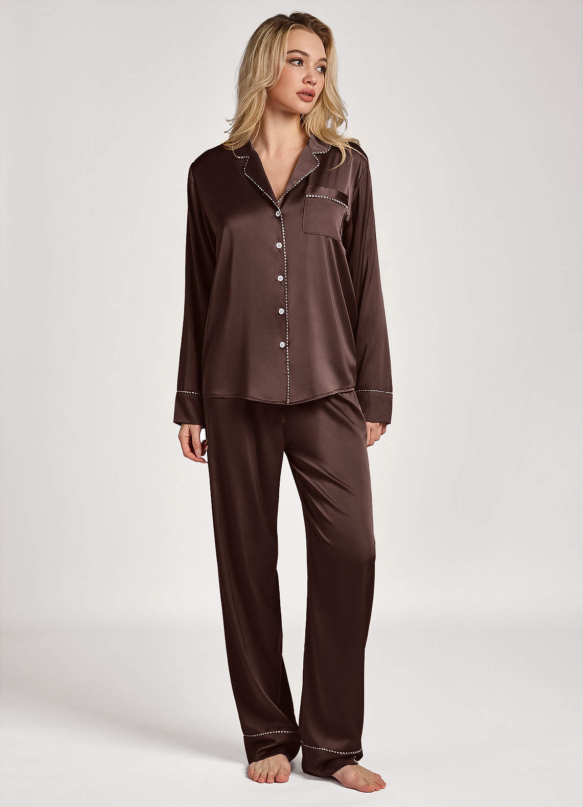 front Conjunto de pijama de manga comprida com acabamento em cetim lurex