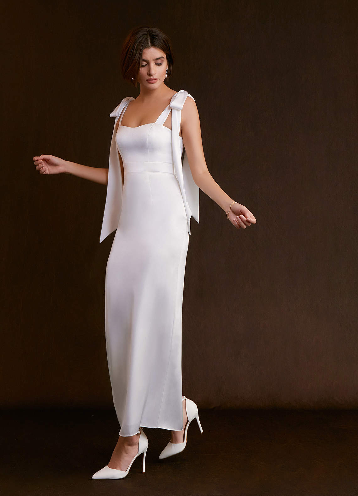 Azazie Loey Wedding Dresses Sheath Sweetheart Neckline Stretch Satin Ankle-Length Dress image1