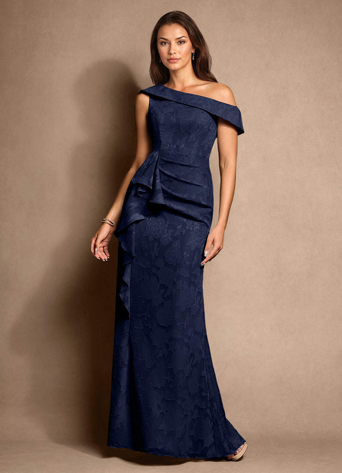 Azazie Hamptons Mother of the Bride Dresses Dark Navy A-Line Pleated Floral Burnout Dress image1