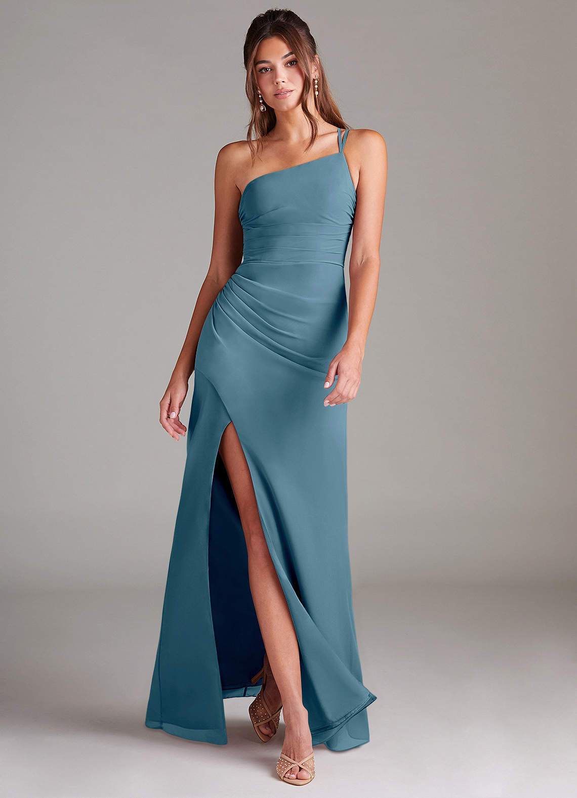 Azazie Sheath One-Shoulder Floor-Length Chiffon Bridesmaid Dresses - Bermuda
