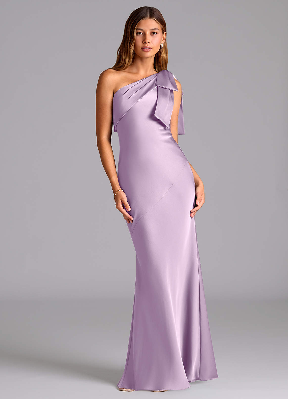 Azazie Yuanna Bridesmaid Dresses Frosted Lilac Mermaid One Shoulder Stretch Satin Dress image1