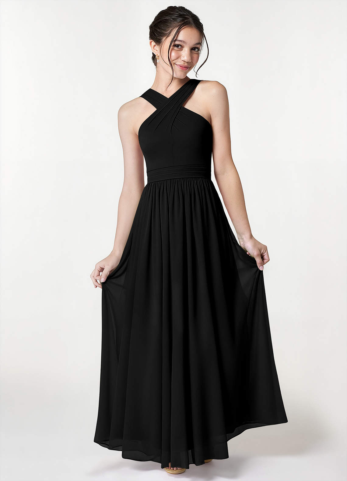 Azazie Jiya Junior Black A-Line Pleated Mesh Dress image1