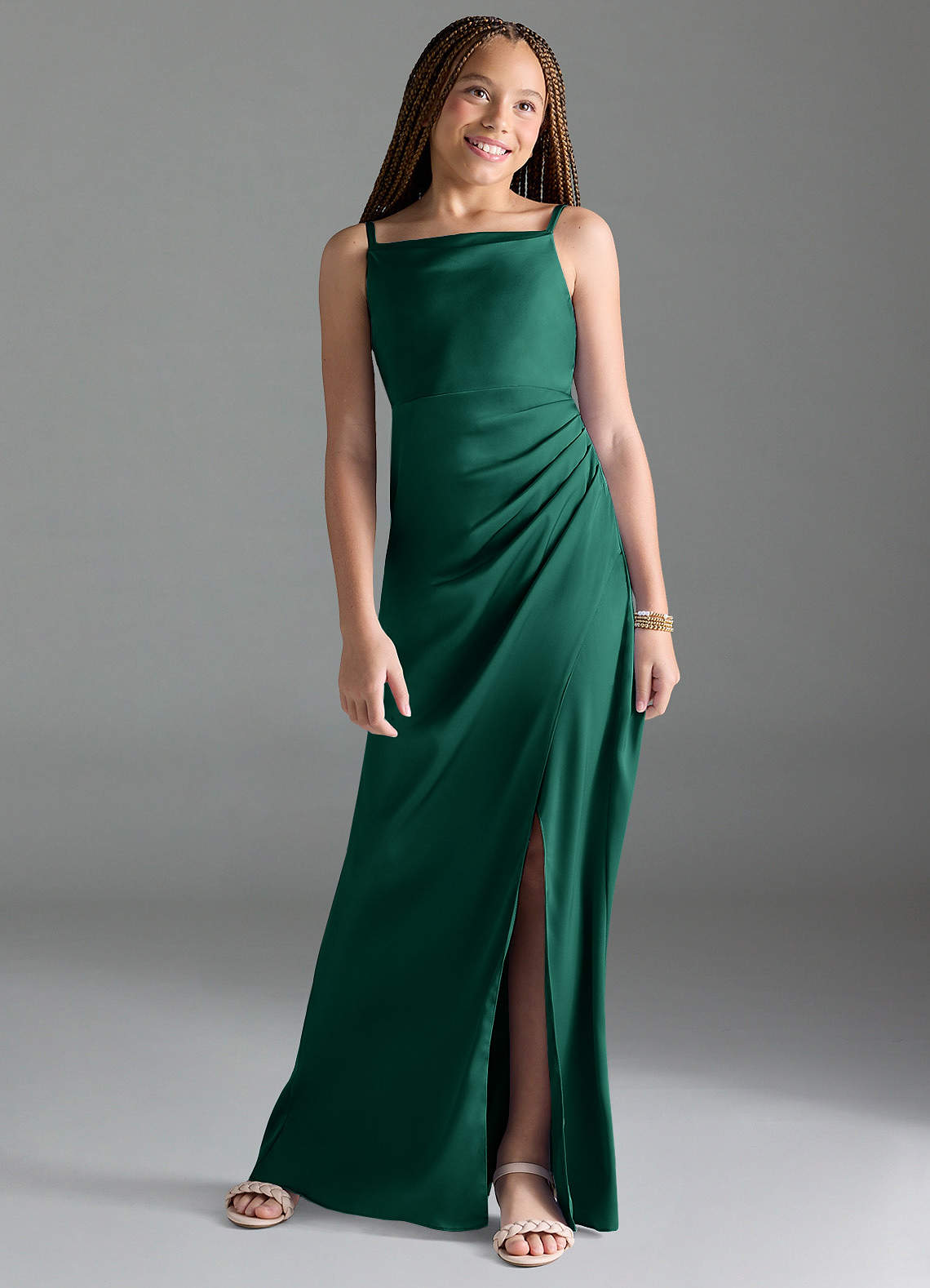 Azazie Leonis Junior Emerald A-Line Pleated Stretch Satin Dress image1