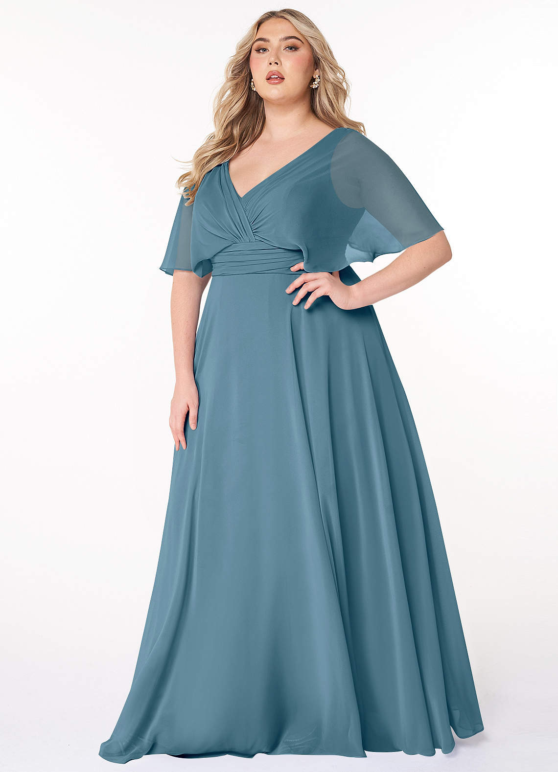Azazie Pamela Brautjungfernkleider A-Linie V-Hals Gefaltet Chiffon Kleid Bermudablau image1