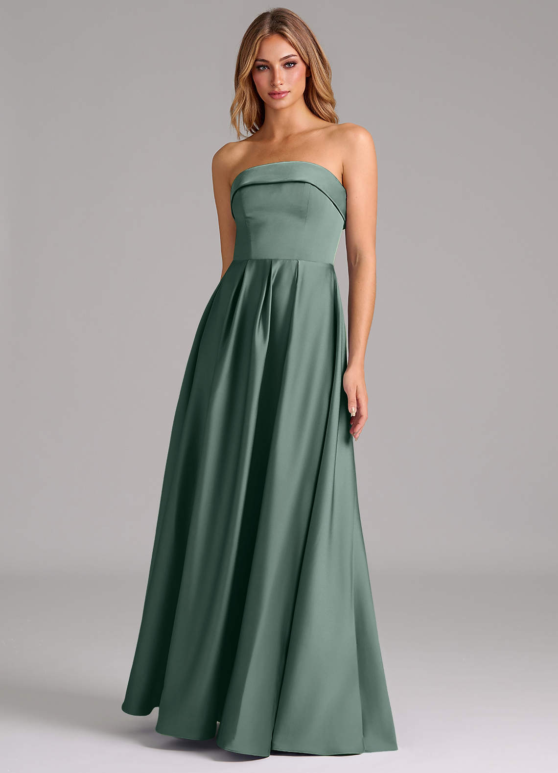 Azazie Lucienne Bridesmaid Dresses Sea Moss A-Line Strapless Stretch Satin Convertible Dress image1