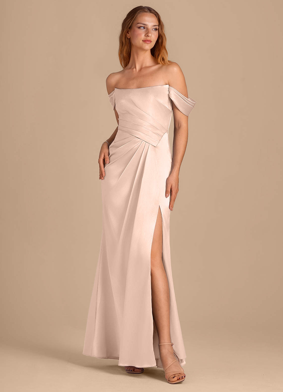 Azazie Shea Vestidos de damas de honor Vestido de Oro Rosa de Satén Metálico de Corte Sirena Convertible con Vestidos sin tirantes image1