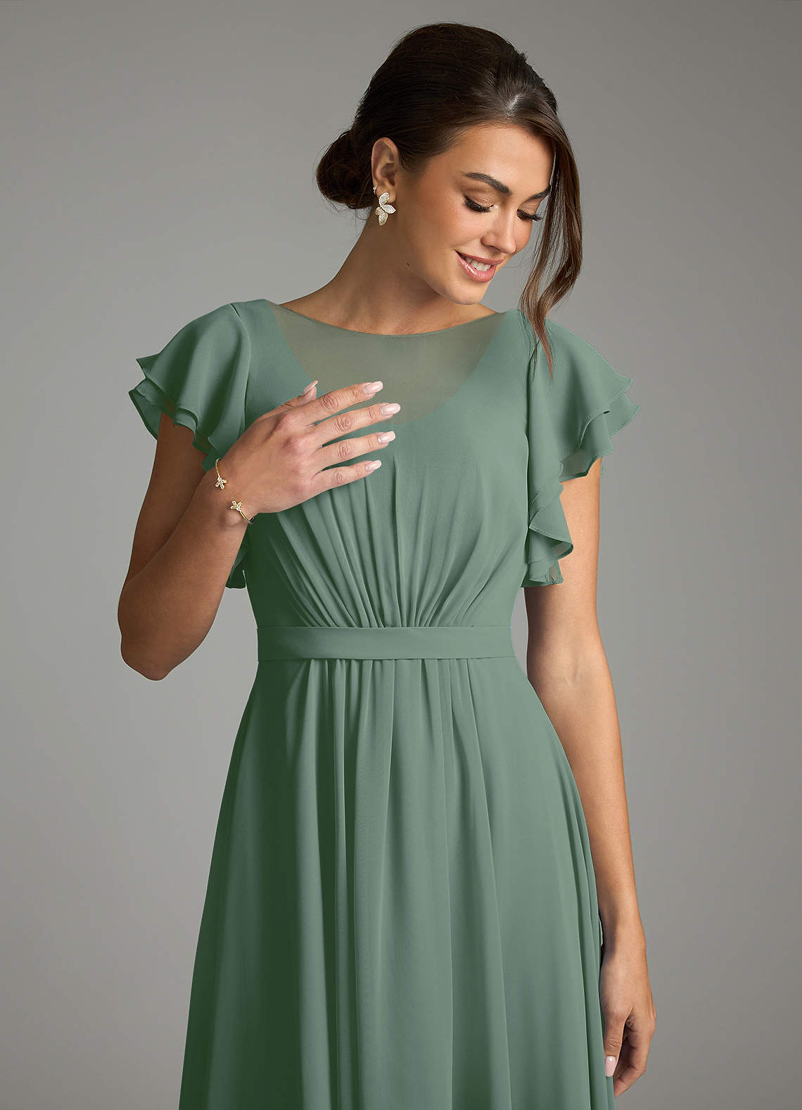 Azazie Daphne Modest Bridesmaid Dresses A-Line Ruffled Chiffon Floor-Length Dress image4