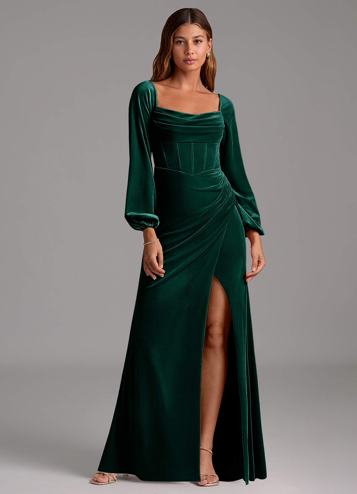 Azazie Charissa Brautjungfernkleider Etui Langarm Samt Kleid Smaragd image1