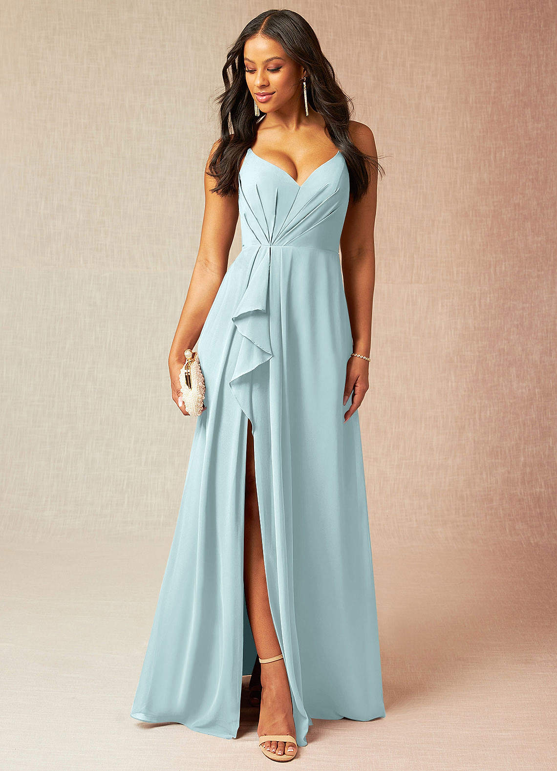 Azazie Kyedae Bridesmaid Dresses Mist A-Line V-Neck Pleated Chiffon Dress image1