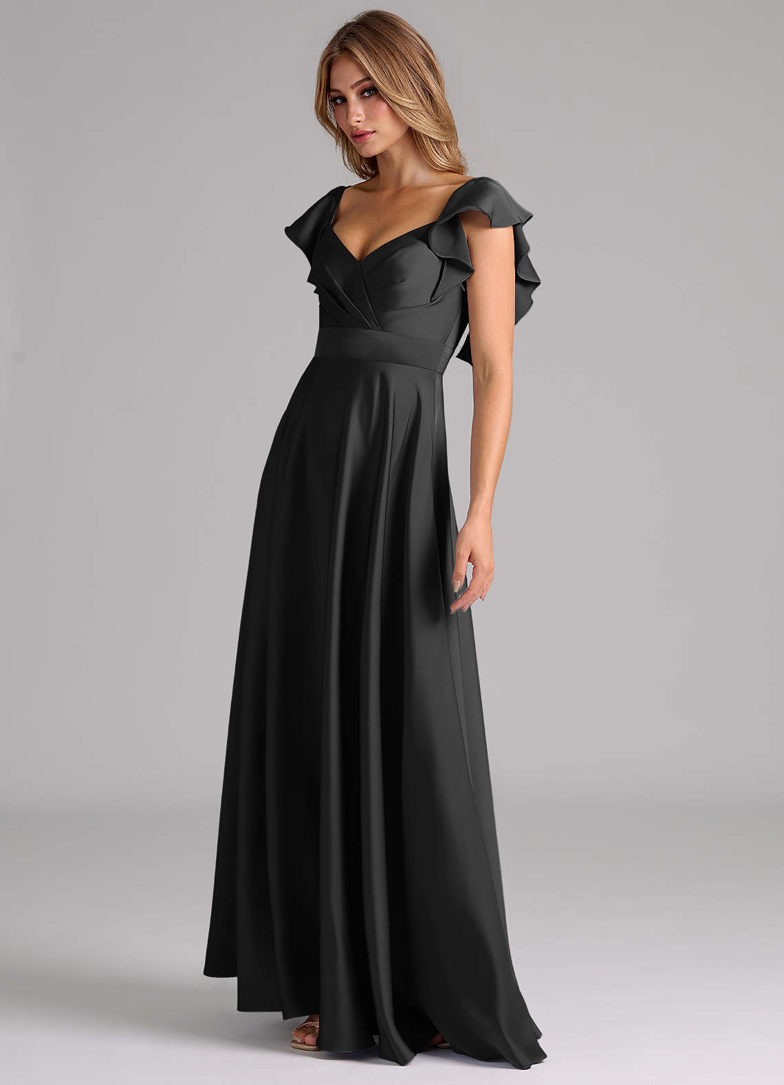 Azazie Leilani Bridesmaid Dresses Black A-Line Ruched Stretch Satin Dress image7