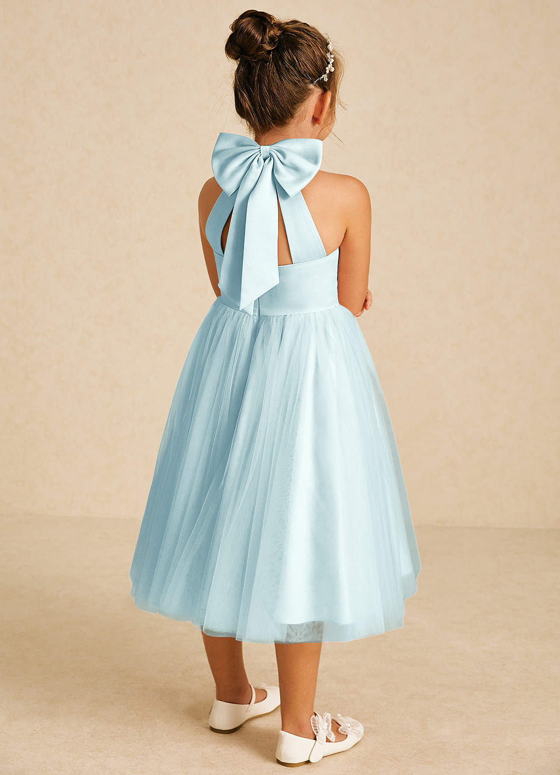 Azazie Dora Blumenmädchenkleider A-Linie Schleifen Tüll Kleid Seegrün image1