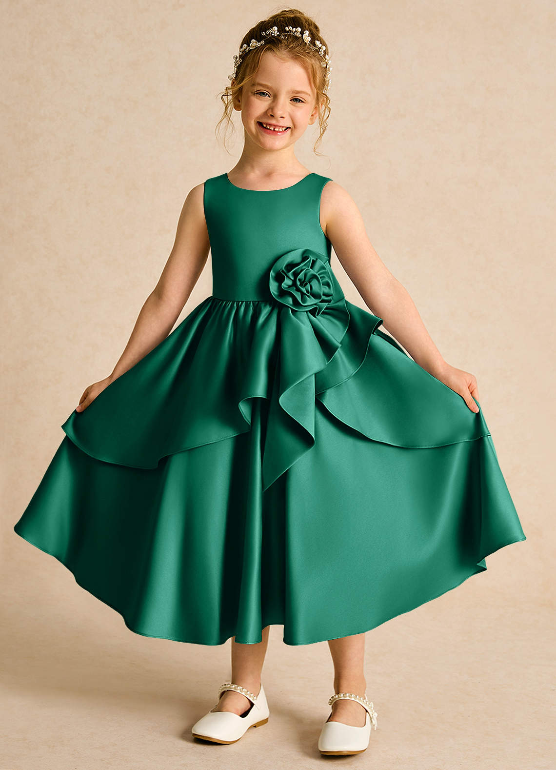 Azazie Hermia Flower Girl Dresses Emerald A-Line Sleeveless Matte Satin Dress image1