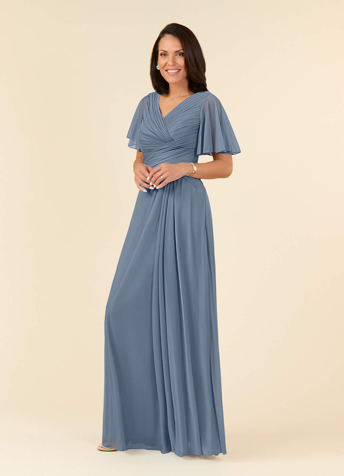 Azazie Emmeline Mother of the Bride Dresses Twilight A-Line V-Neck Pleated Mesh Dress image2