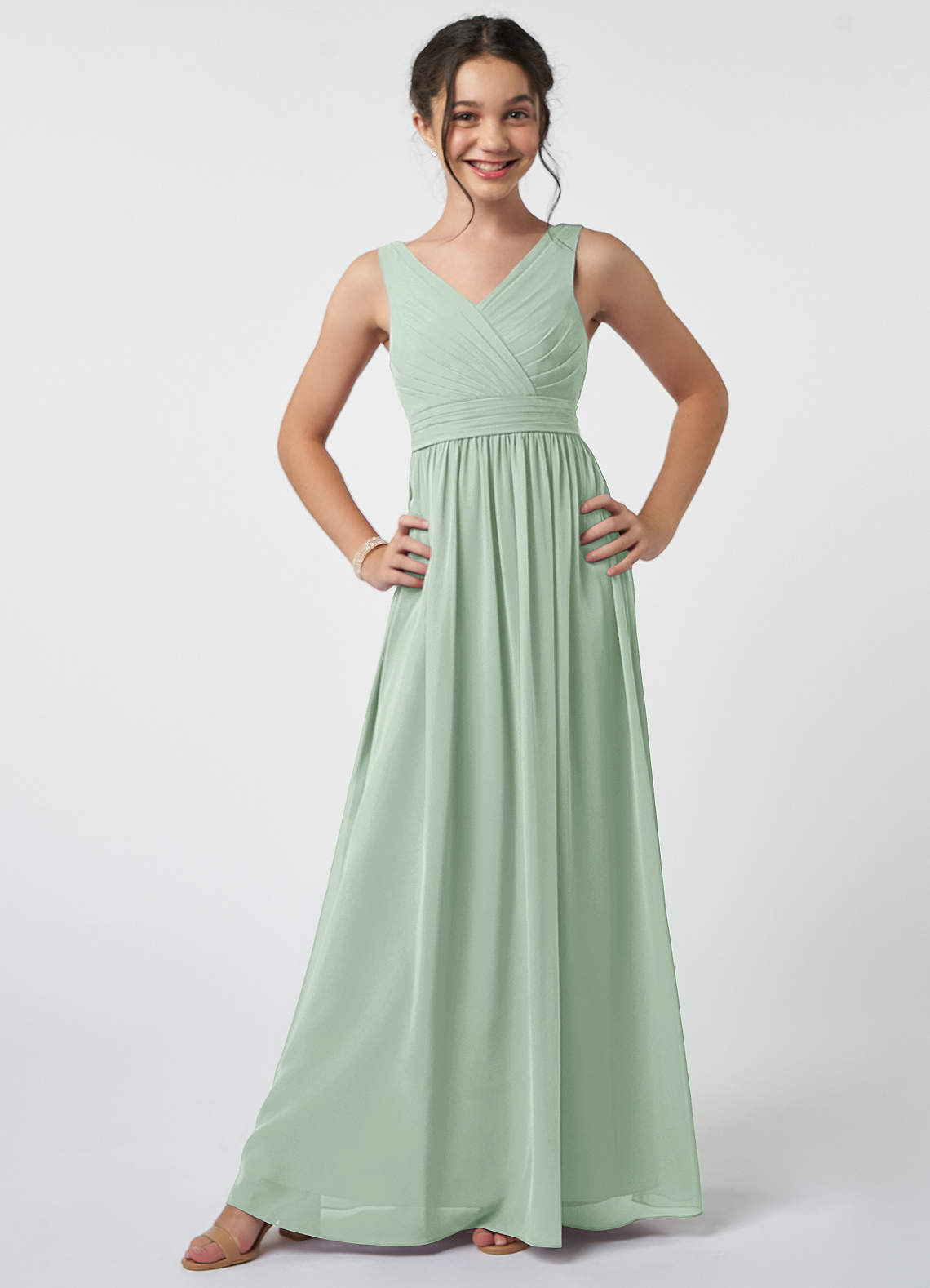 Azazie Kora Junior Agave A-Line Pleated Chiffon Dress image1