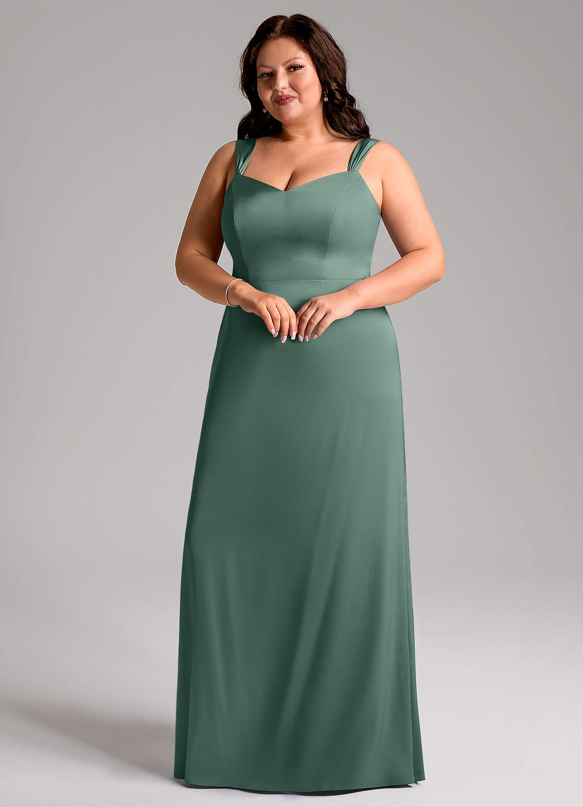 Azazie Denice Bridesmaid Dresses Eucalyptus Sheath Pleated Stretch Satin Dress image5