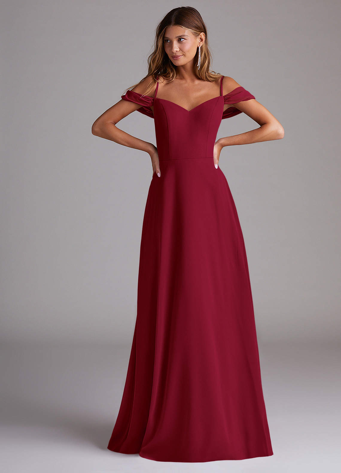 Azazie Marley At-home Try On Dresses Burgundy A-Line Off the Shoulder Chiffon Convertible Dress image3