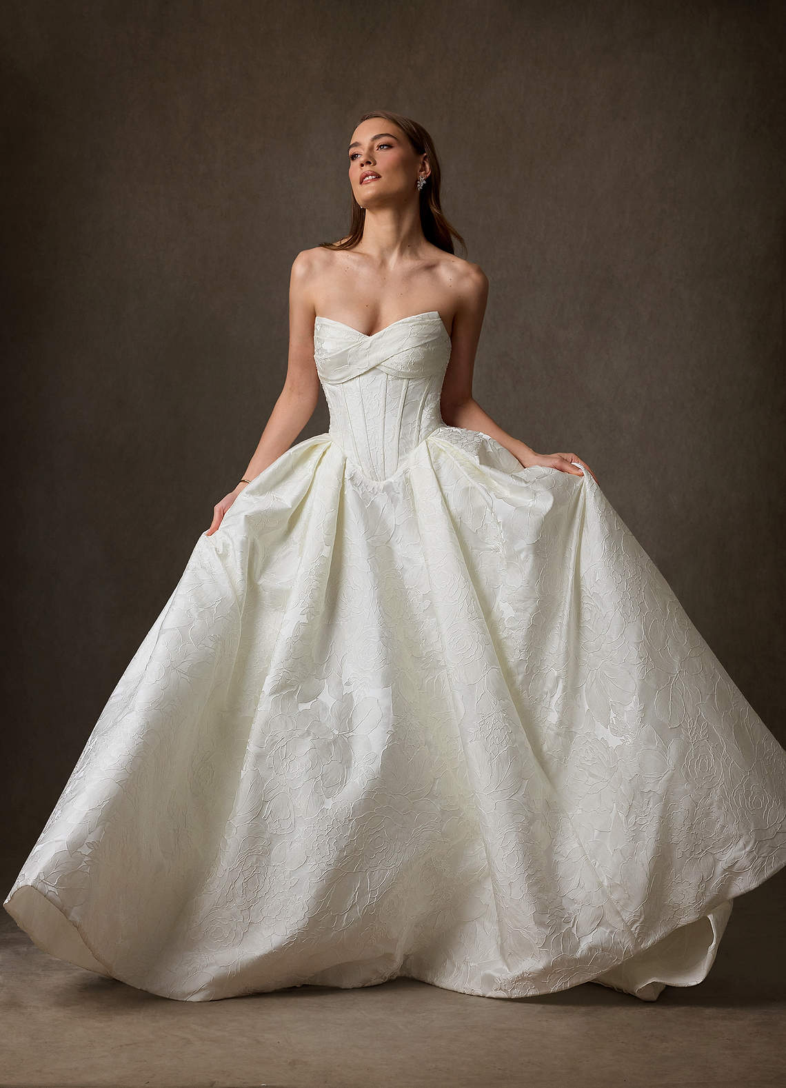 Azazie Genevieve At-home Try On Dresses Antique White Ball-Gown Strapless Floral Jacquard Dress image3