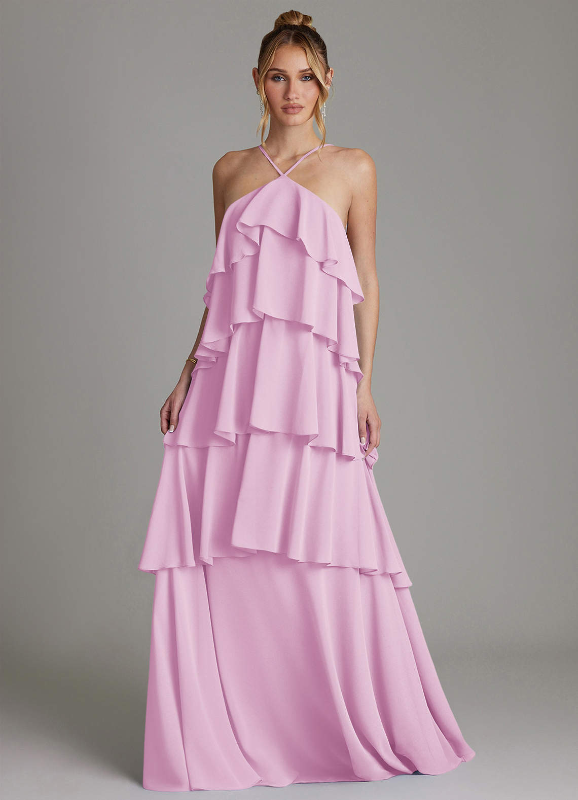 pink ruffle bridesmaid dress A-Line V-Neck Sleeveless Floor-Length Satin Bridesmaid Dresses With Ruffle