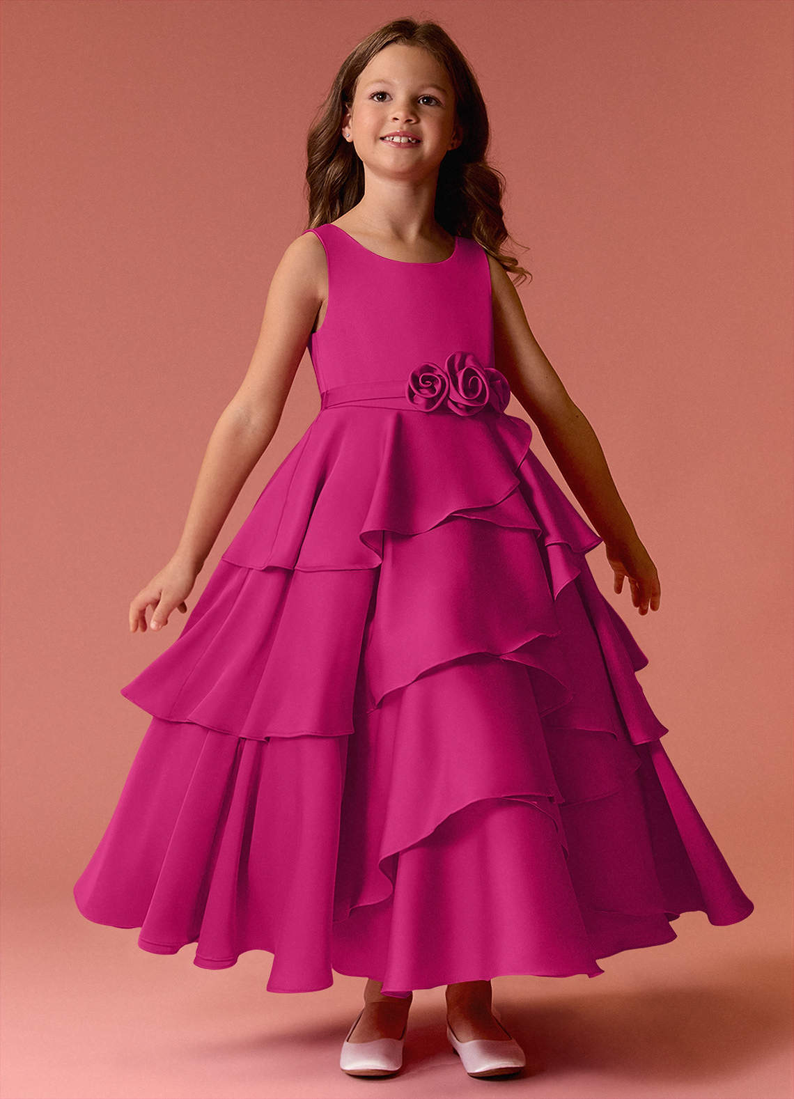 Barbie ♥ Azazie Flower Girl Dresses Scoop Floral Belt Tier Stretch Satin A-Line Dress image4
