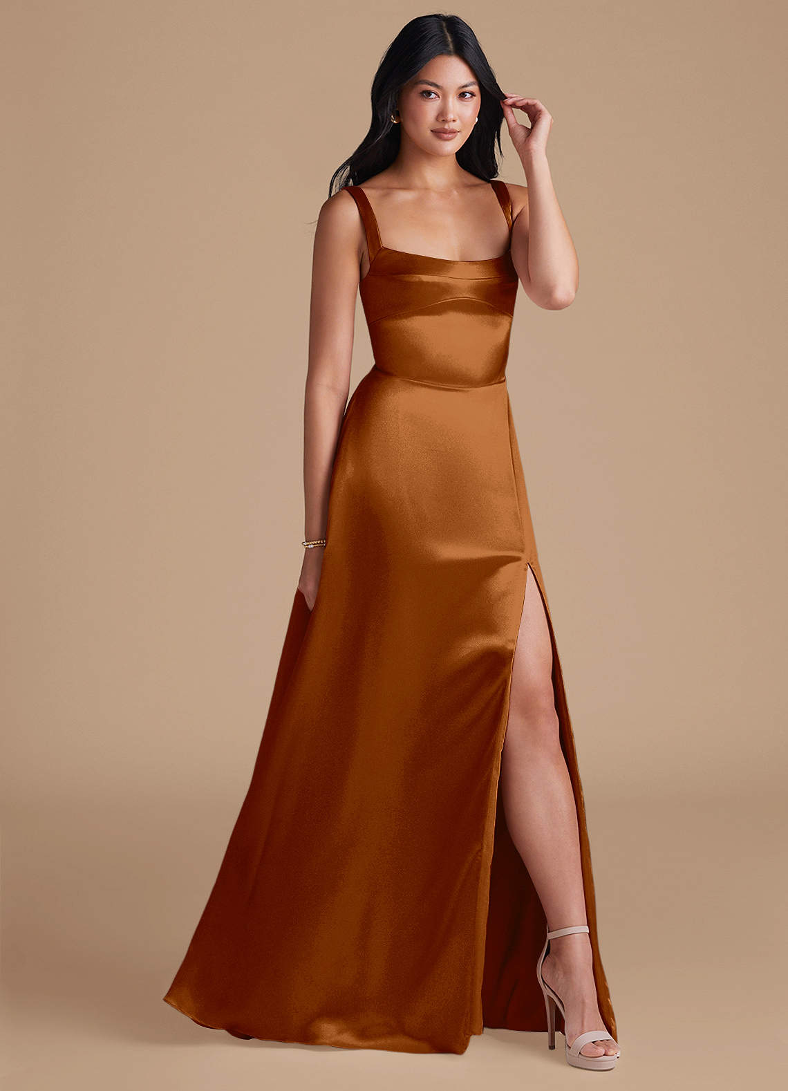 Azazie Hope Bridesmaid Dresses Copper A-Line with Pockets Metallic Satin Dress image1