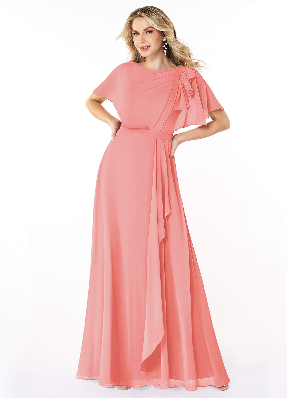 Azazie Aaliyah Bescheidene Brautjungfernkleider A-Linie Schaufel Gefaltet Chiffon Bodenlänge Kleid image1