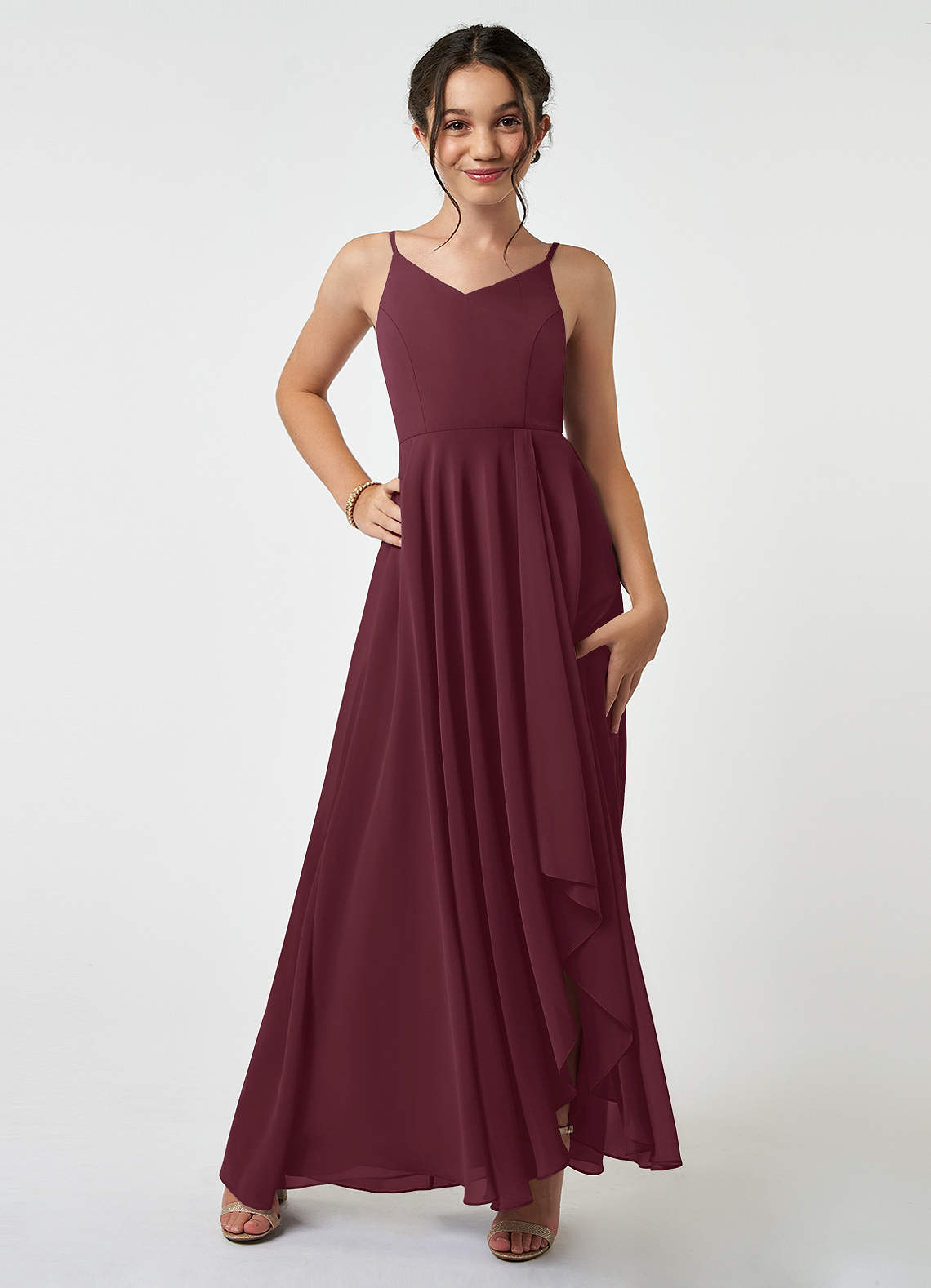 Azazie Collette Junior Cabernet A-Line Ruched Chiffon Dress image1