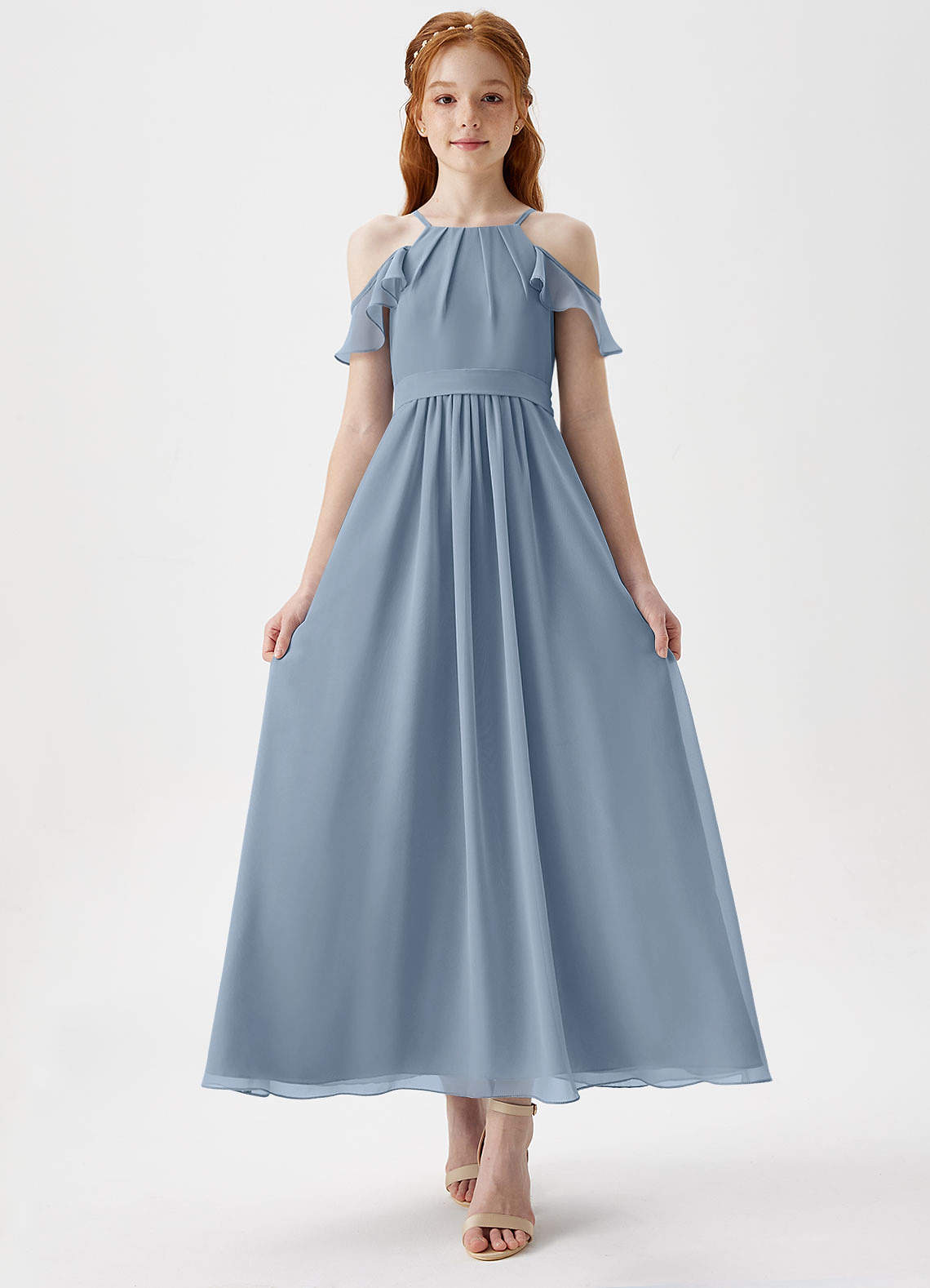 Azazie Chaya Junior Dusty Blue A-Line Off the Shoulder Chiffon Dress image3