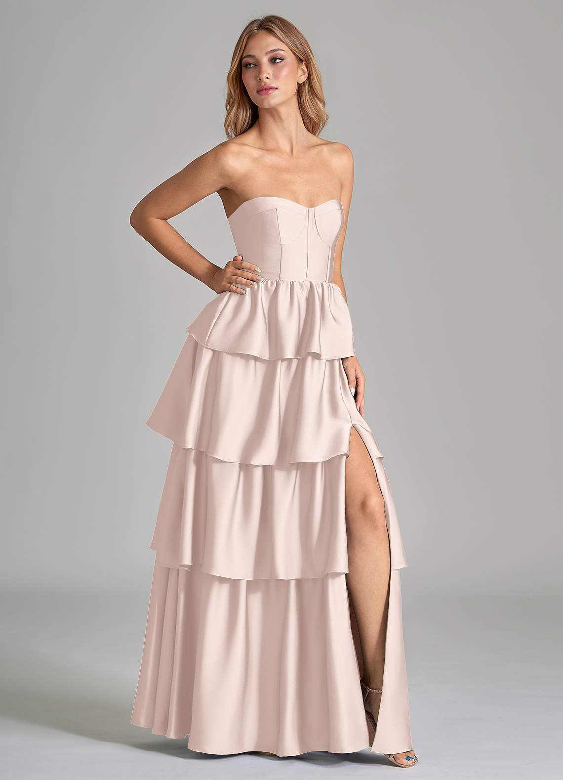 Azazie Faye Bridesmaid Dresses Blushing Pink A-Line Ruched Stretch Satin Dress image1