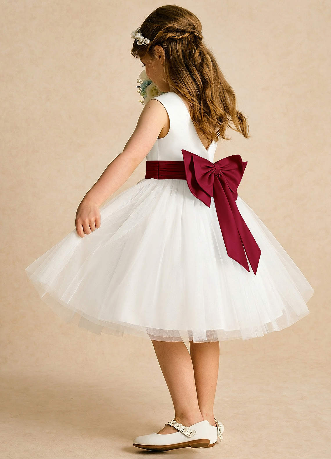 Azazie Sosie vestidos de niña de las flores Vestido de Marfil Burdeos de Tul de Corte en A con Plisado image3
