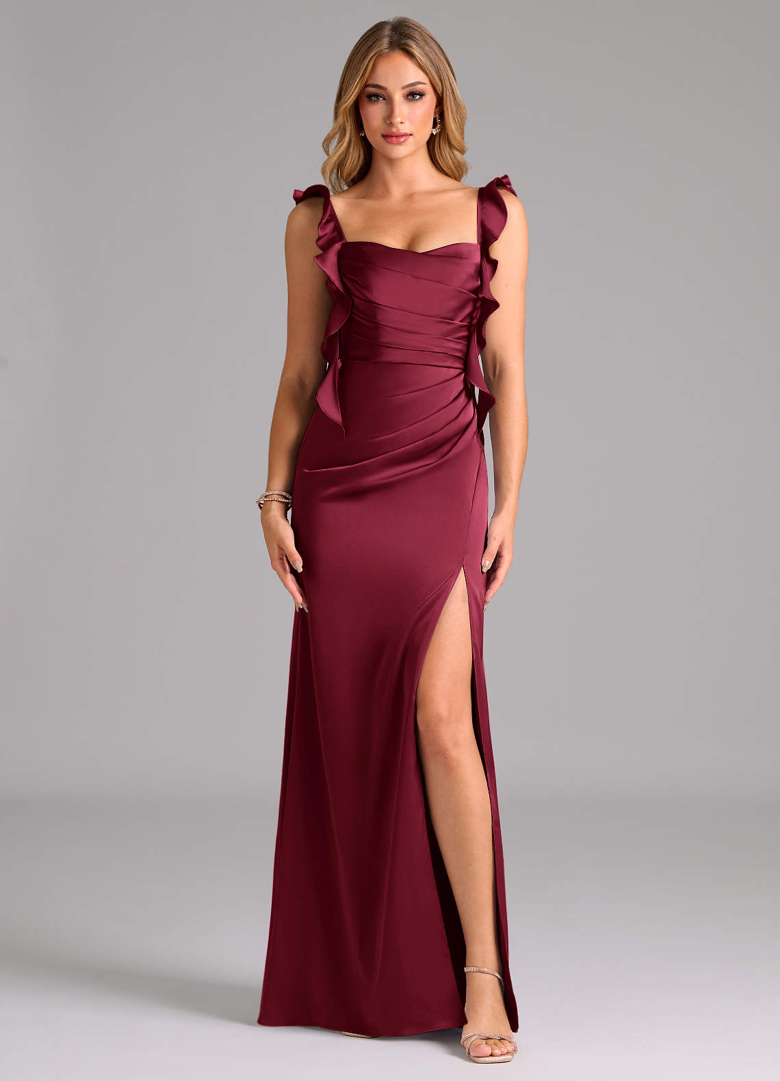 Azazie Jessamine Bridesmaid Dresses Burgundy Sheath Corset Stretch Satin Dress image2