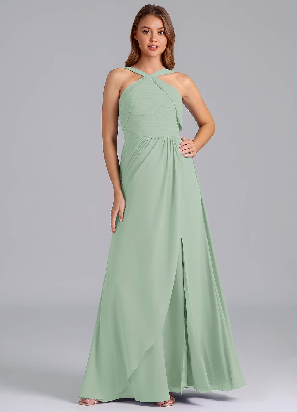 Azazie Mianna Bridesmaid Dresses Agave A-Line Pleated Chiffon Dress image1