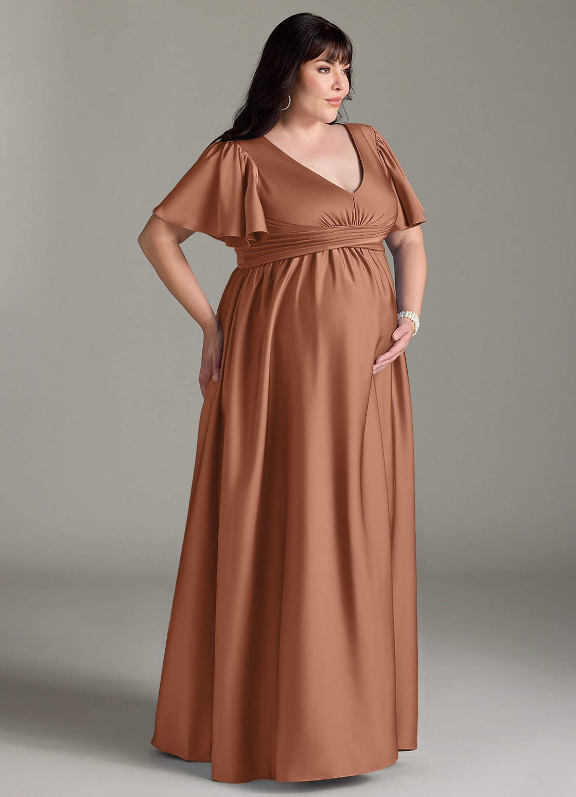 Azazie Verna vestidos de dama de honor de maternidad Vestido de Corte en A Volante Hasta el suelo Satén Elástico image11