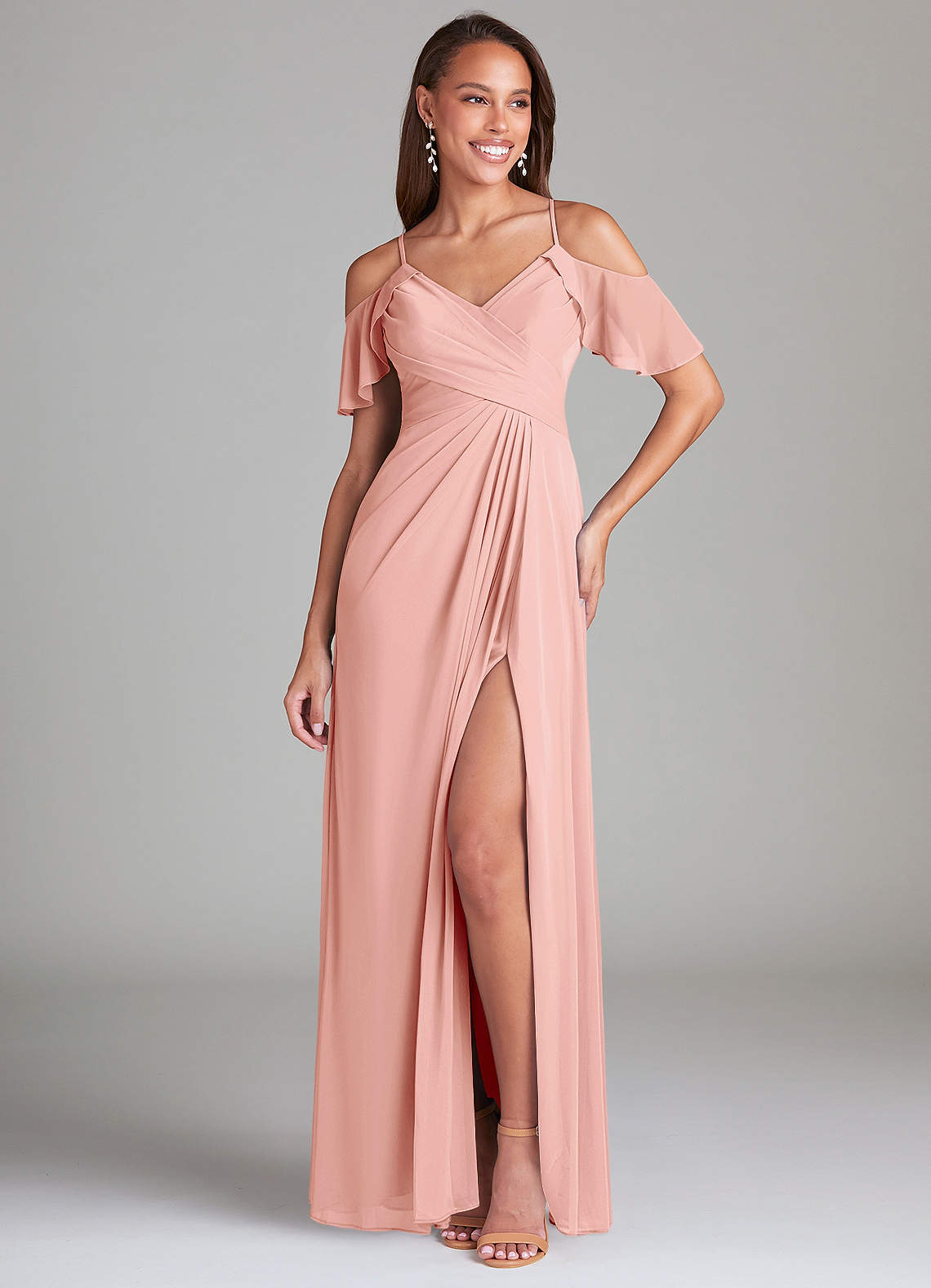 Azazie Dakota Bridesmaid Dresses Rosette A-Line Off the Shoulder Mesh Dress image1