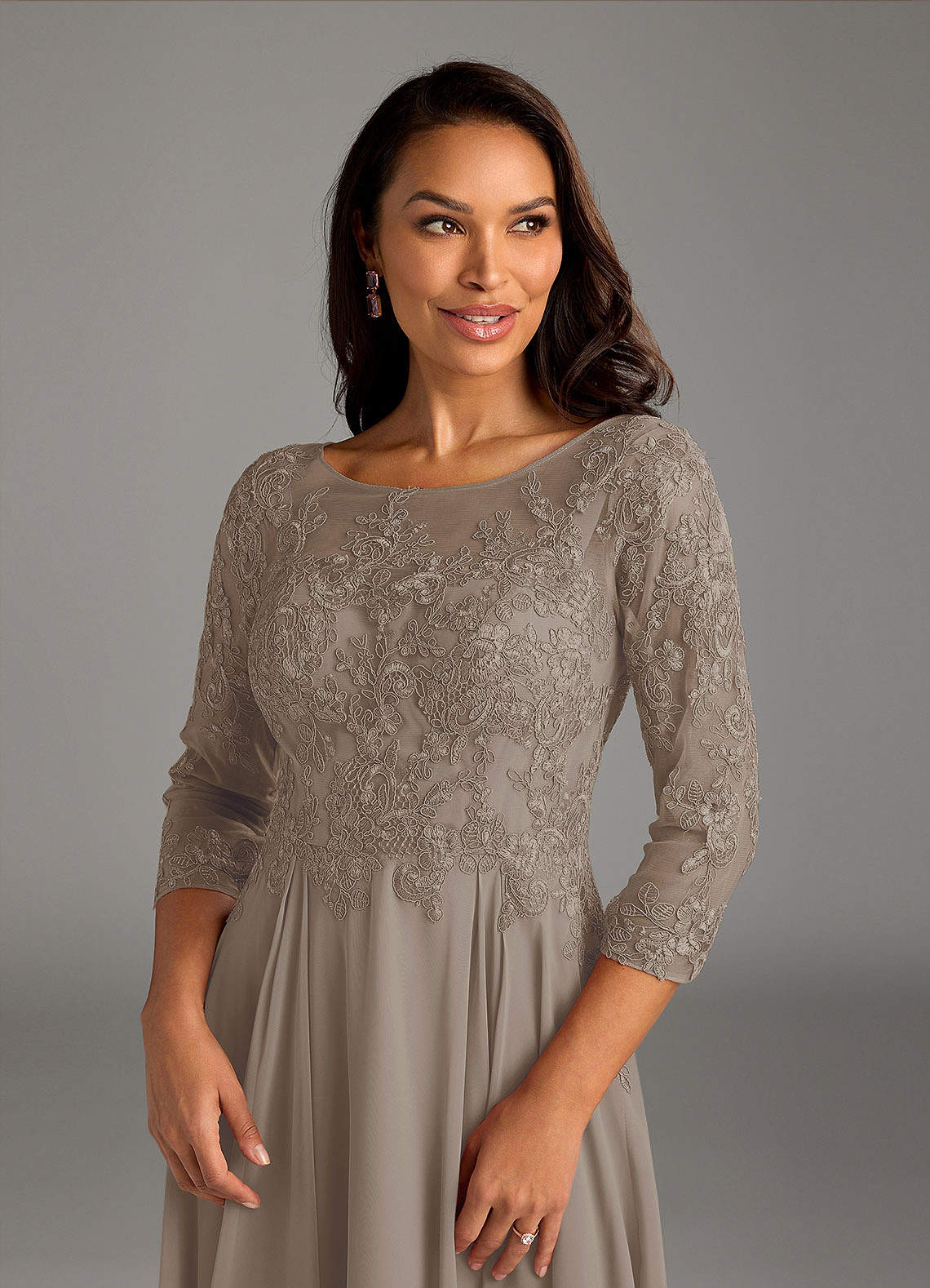 クレージュ　シアートップス Azazie Marge Taupe A-Line Scoop Lace Chiffon Dress | Azazie