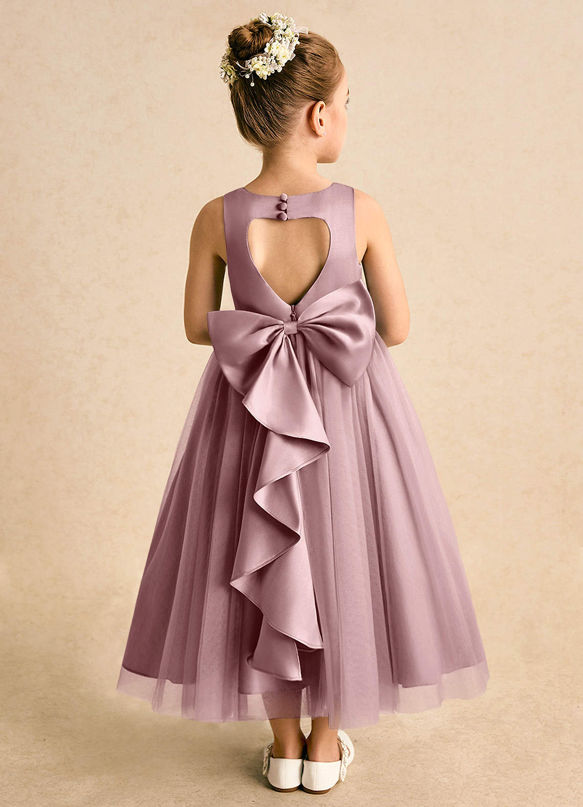 Azazie Solia Abiti da Ragazza di Fiori Abito Principessa in Tulle Fiocco Rosa Polverosa image1