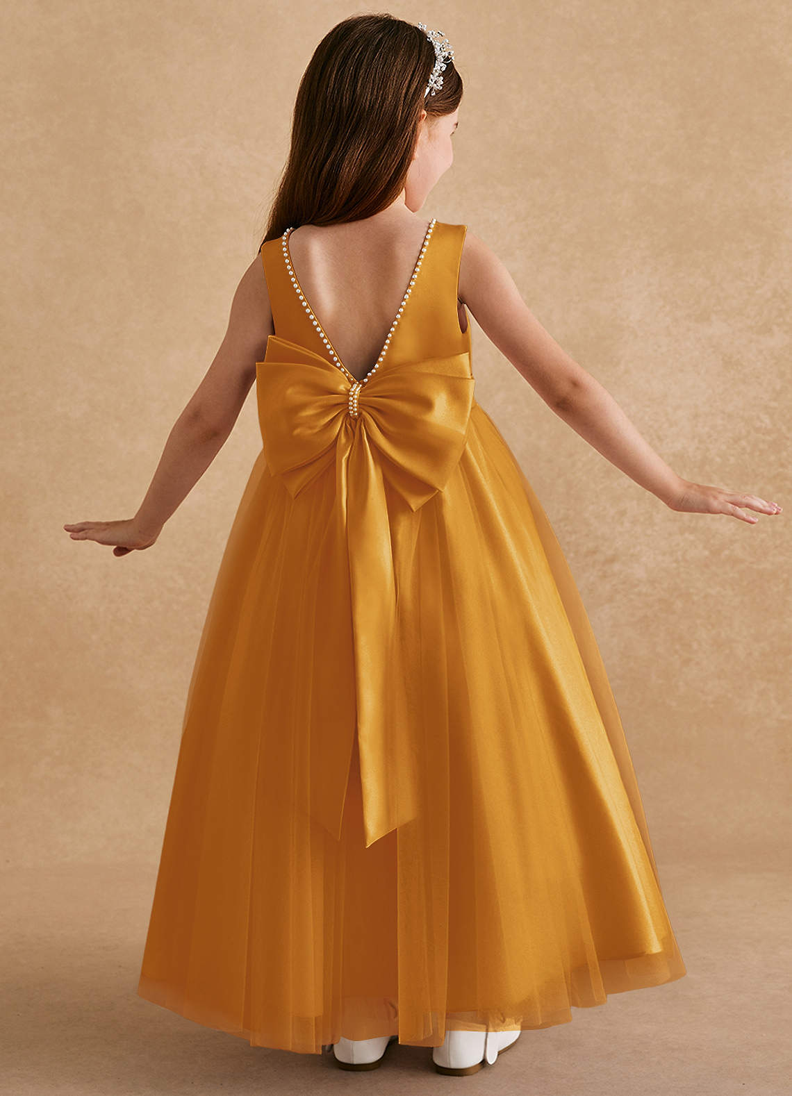 Azazie Cookie Flower Girl Dresses Butterscotch A-Line Bow Tulle Dress image1