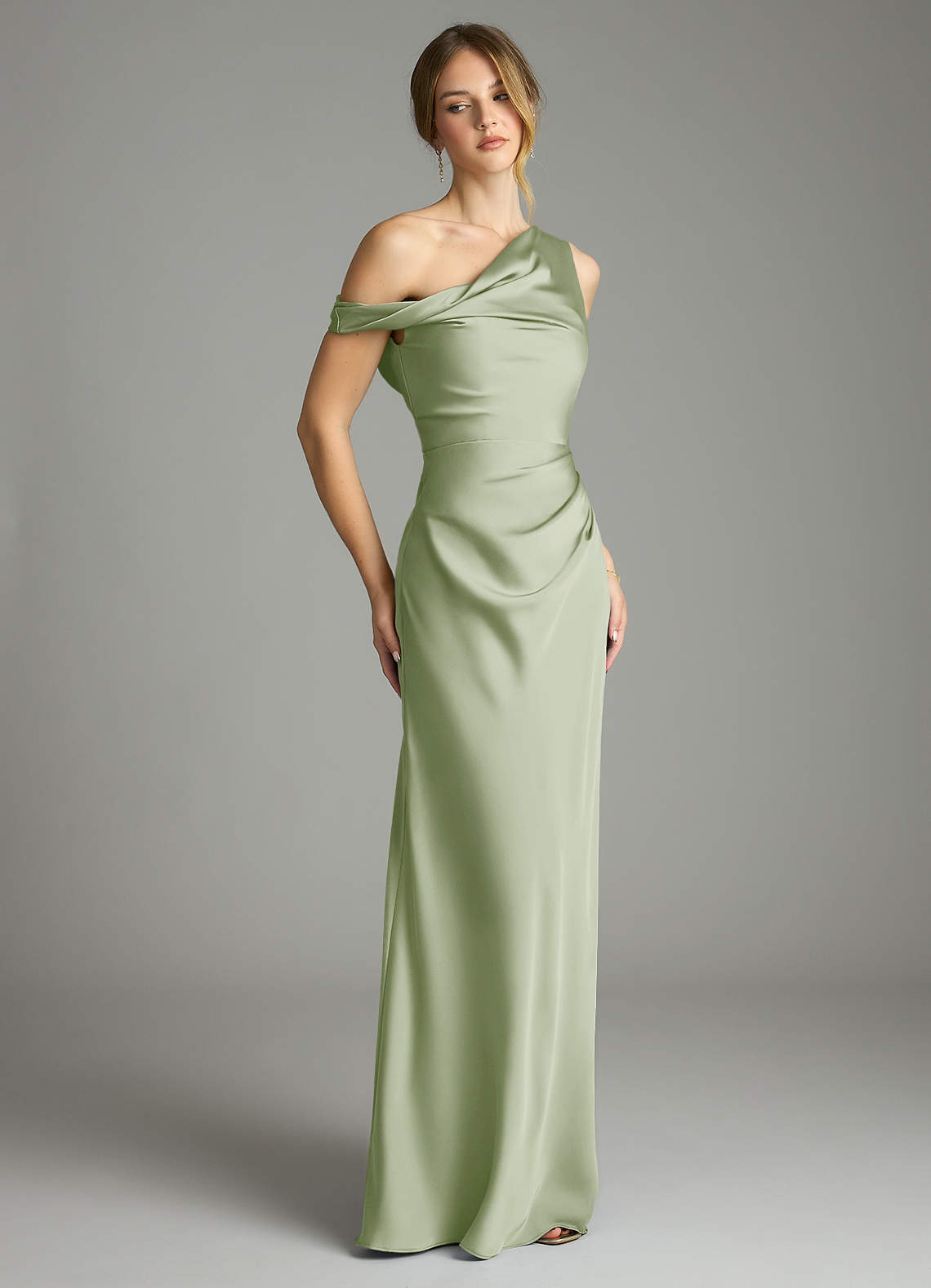 Azazie Emerson Bridesmaid Dresses Dusty Sage Mermaid Off the Shoulder Stretch Satin Dress image4
