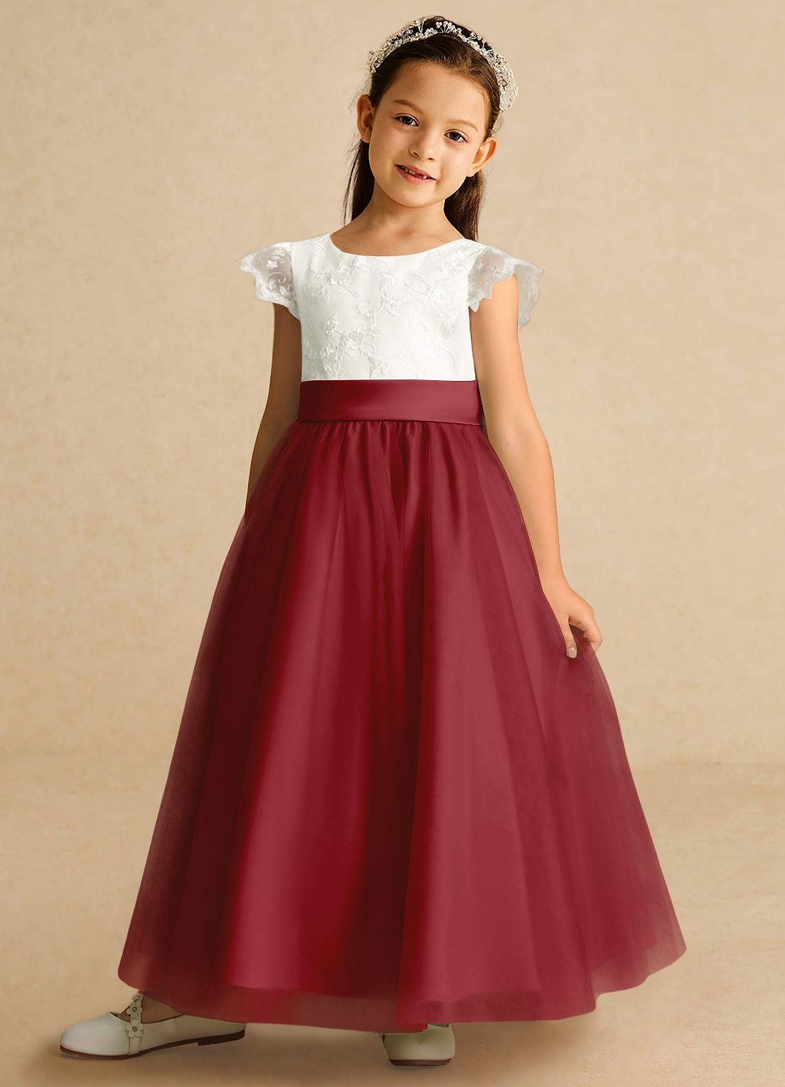 Azazie Pookie Flower Girl Dresses Pomegranate A-Line Lace Tulle Dress image1
