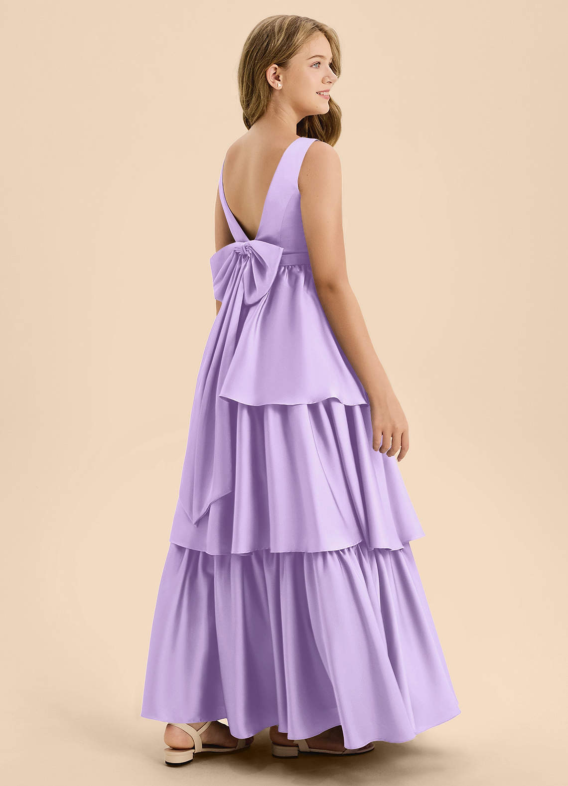 Azazie Meadowyn Junior Lilac A-Line Bow Stretch Satin Dress image1