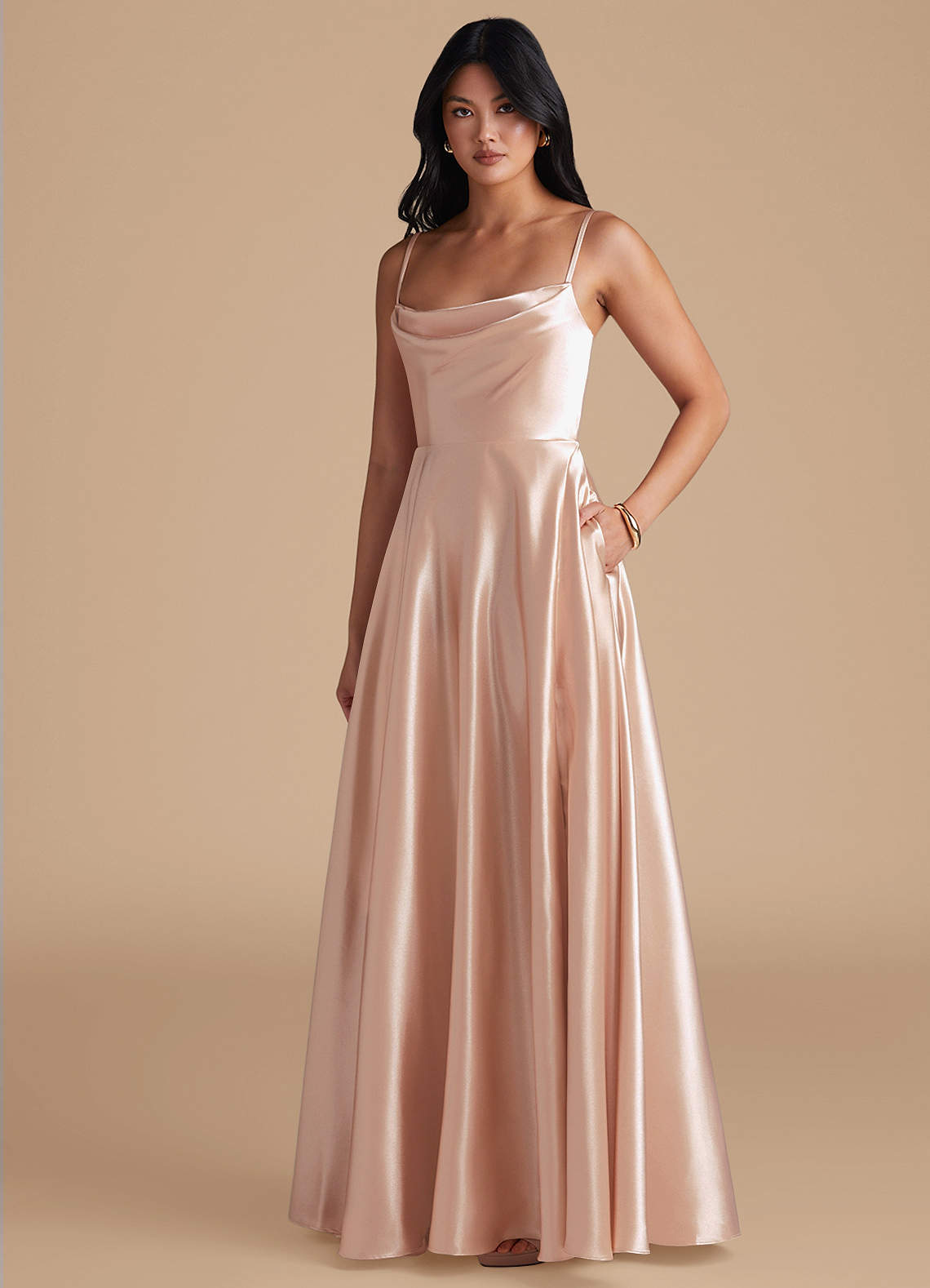 Azazie Elle Bridesmaid Dresses English Rose A-Line with Pockets Metallic Satin Dress image1