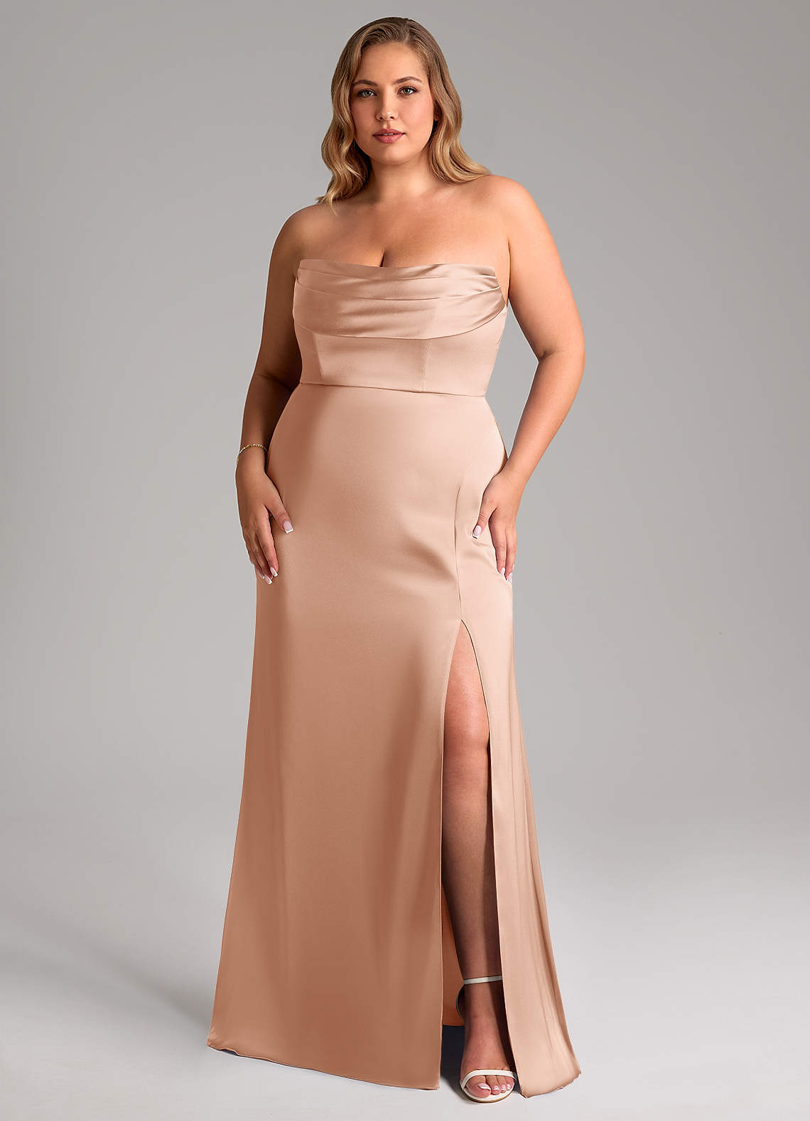 Azazie Saige Bridesmaid Dresses Rose Gold Sheath Off the Shoulder Stretch Satin Dress image15