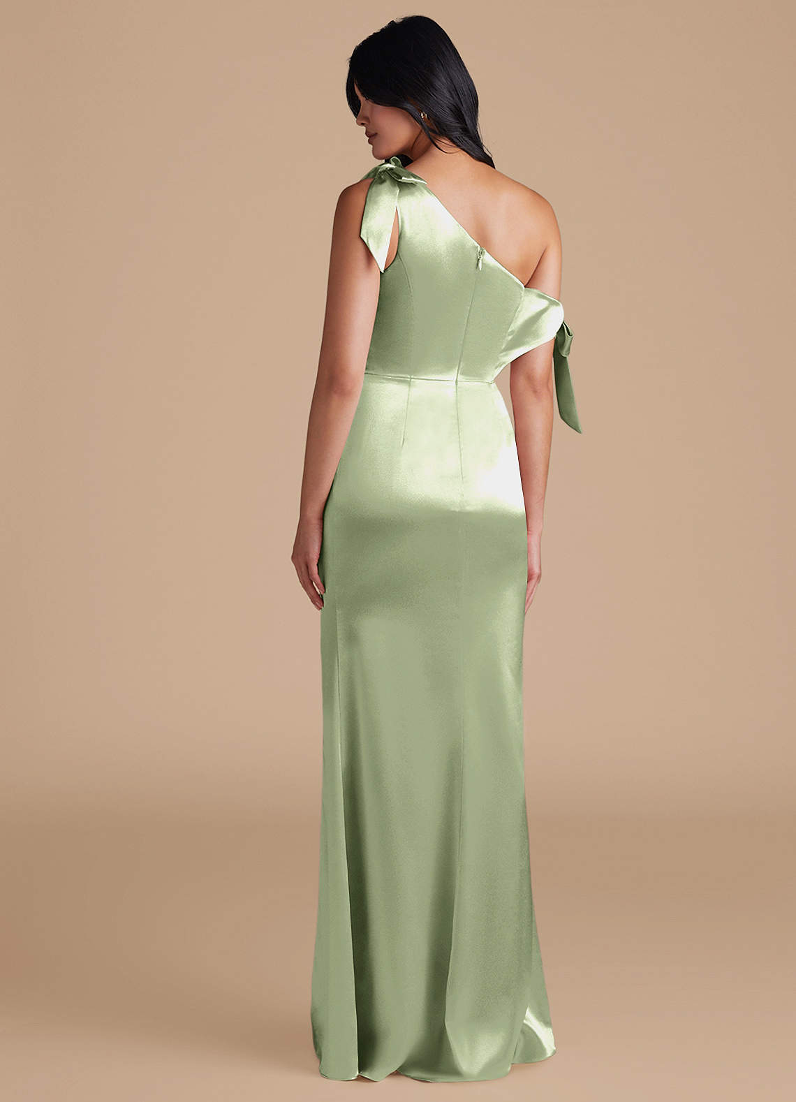 Azazie Xyla Bridesmaid Dresses Dusty Sage Sheath Off the Shoulder Metallic Satin Convertible Dress image4