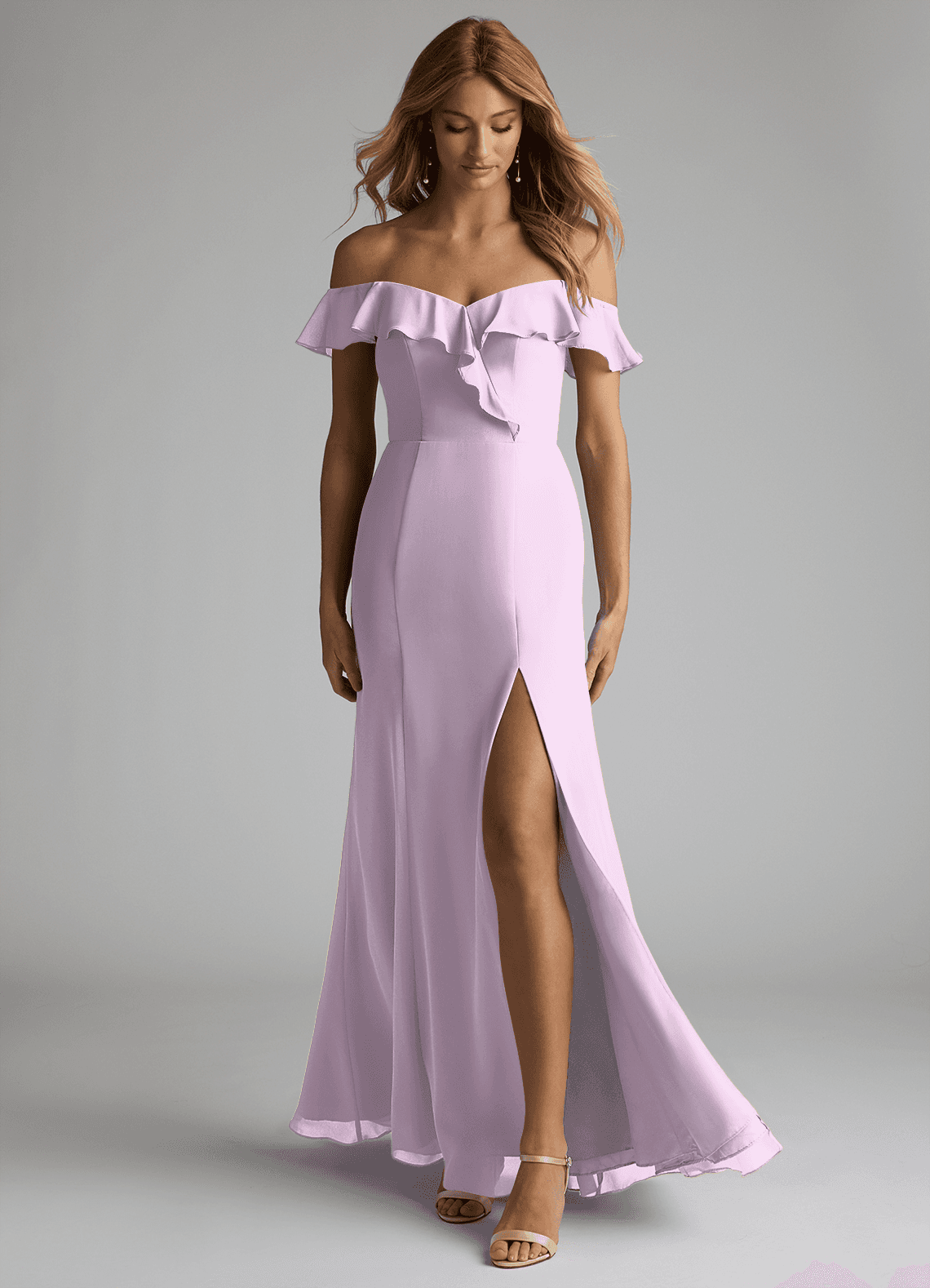 Azazie Sophie Robes de demoiselle d'honneur Robe Trapèze Convertible en Mousseline de soie Épaule décolletée Frostiges Flieder image1
